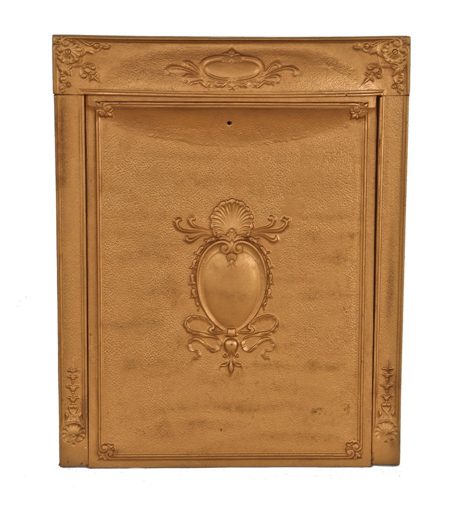 late 19th or early 20th century antique american victorian era old gold enameled ornamental cast iron classical style residential summer cover with matching surround