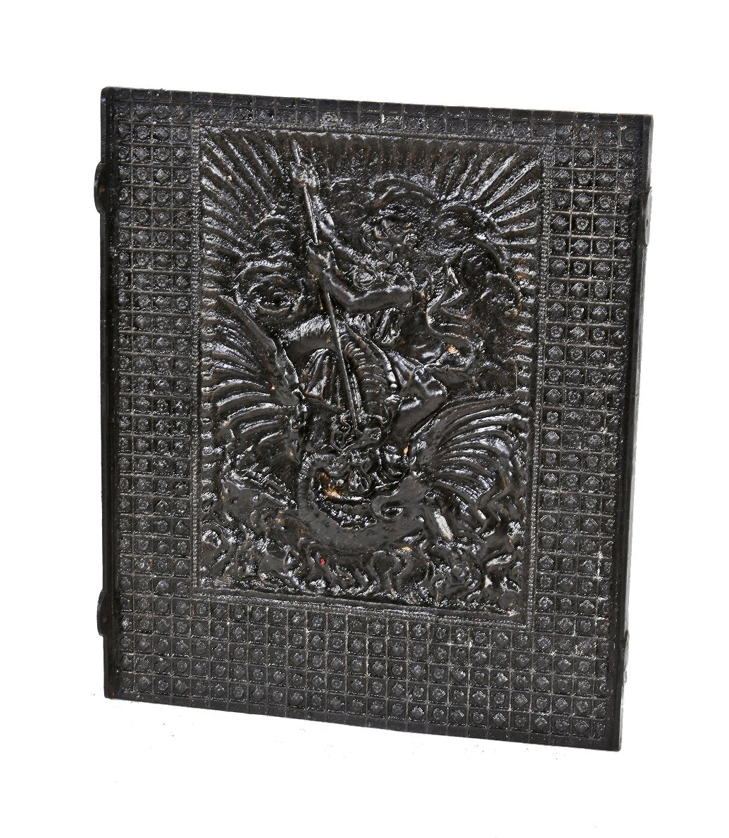 stunning all original 19th century american chicago mansion interior oversized heavy black enameled cast iron fireplace fireback featuring the roman sea god neptune with trident