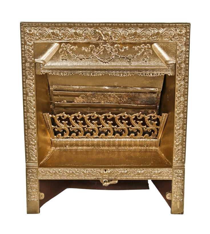 highly ornamented 19th century original and largely intact antique american gold enameled cast iron interior residential fireplace gas burning insert or grille with flue hande and shut off key