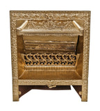 highly ornamented 19th century original and largely intact antique american gold enameled cast iron interior residential fireplace gas burning insert or grille with flue hande and shut off key