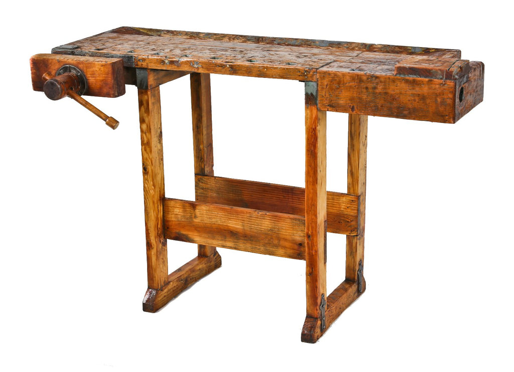 early 20th century original freestanding american industrial carpenter workshop pine and maple wood bench with fully functional woodworking vise
