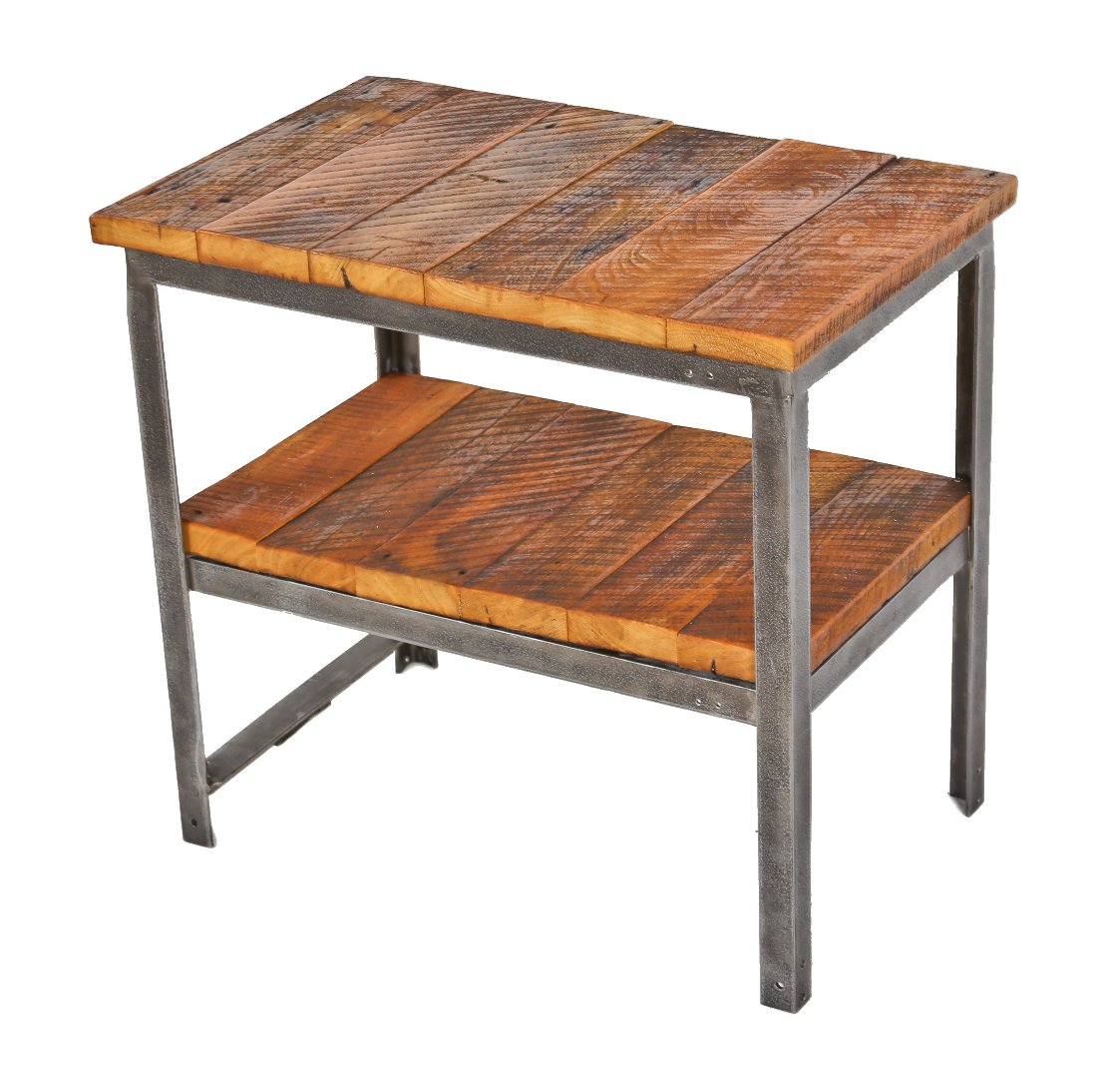 low-lying refinished american vintage industrial custom-built all-welded joint angled steel two-tier stationary side table salvaged from a chicago twine factory complex