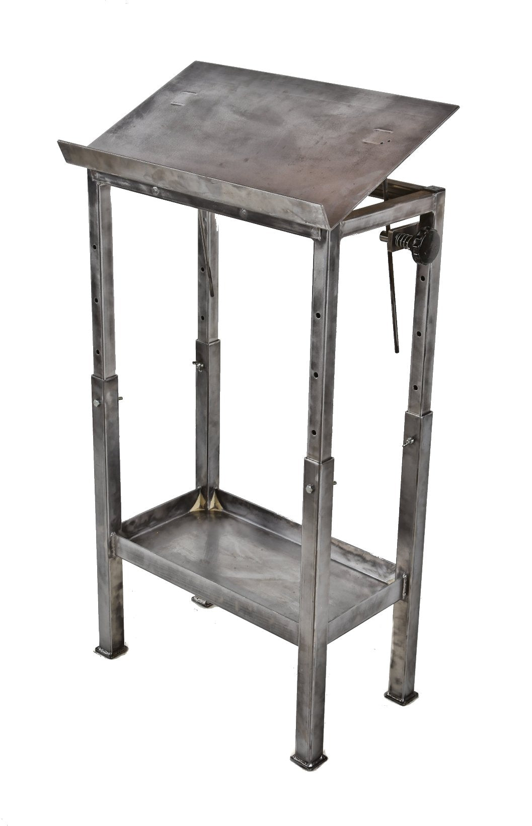 fully adjustable height c. 1950's american vintage industrial "lyon" freestanding factory foreman heavy gauge steel compact desk with a durable angled top and undershelf