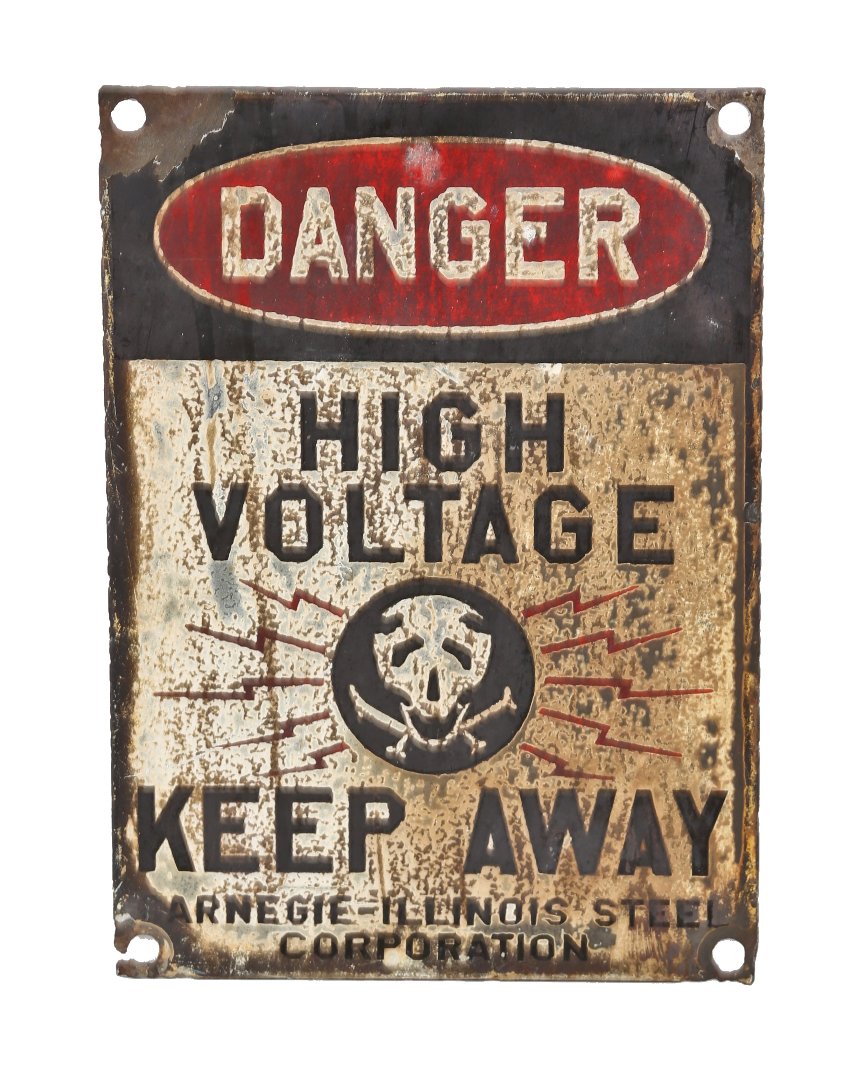 nicely worn and weathered c. 1930's original single-sided "high voltage" steel mill porcelain enameled danger sign with skull and crossbones