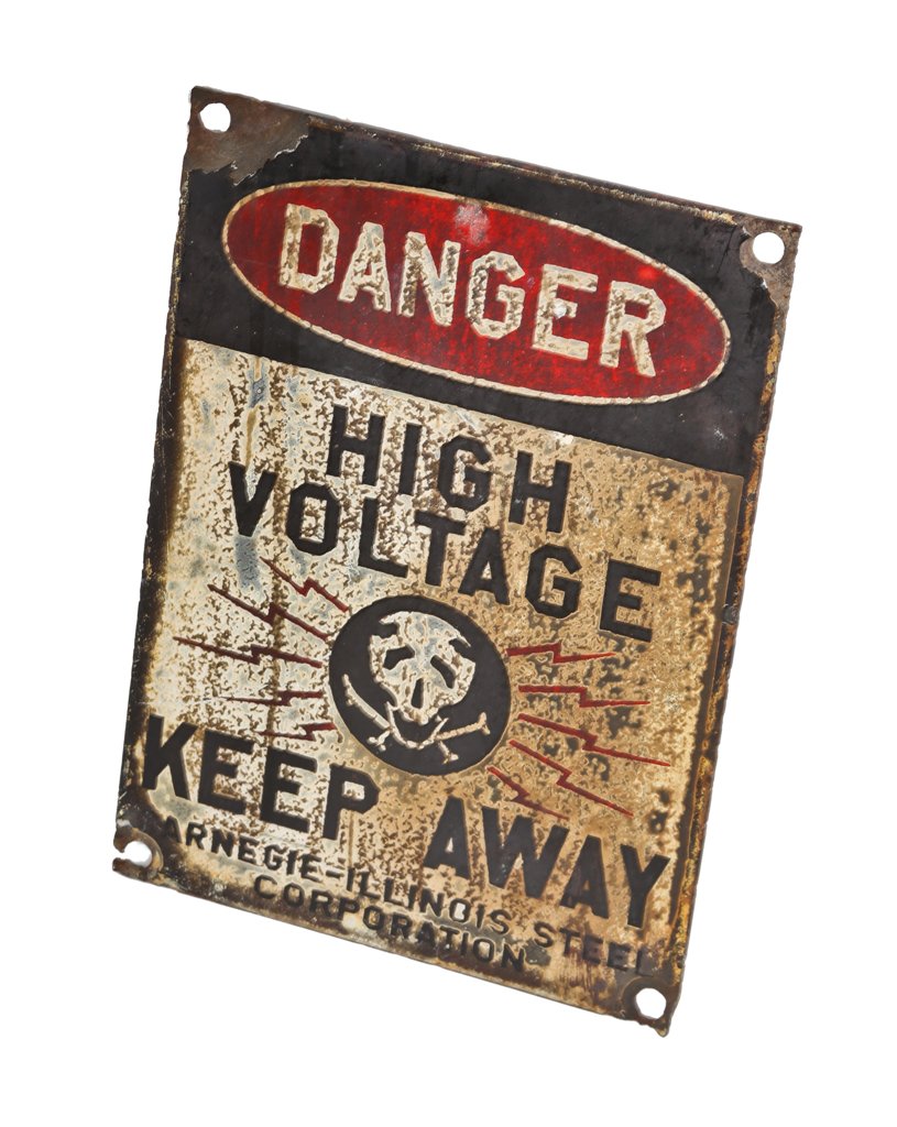 nicely worn and weathered c. 1930's original single-sided "high voltage" steel mill porcelain enameled danger sign with skull and crossbones