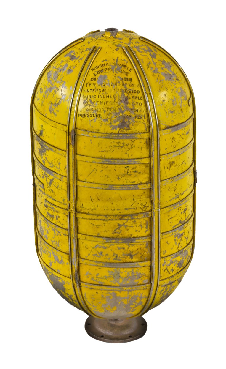 original c. 1940's american industrial yellow painted reinforced aluminum warplane tail gunner "non-shatterable" low pressure oxygen breathing cylinder or tank