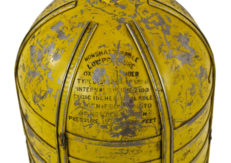 original c. 1940's american industrial yellow painted reinforced aluminum warplane tail gunner "non-shatterable" low pressure oxygen breathing cylinder or tank
