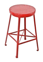 c. 1930's original american industrial four-legged red painted stationary factory machinist stool with intact maple wood seat and riveted joint cross-bracing