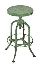early 1930's american antique industrial backless adjustable height "factory green" painted twine factory machine shop toledo stool with original footrest