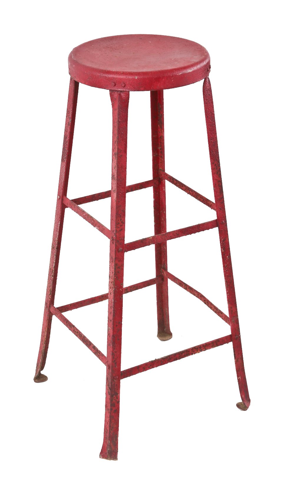 nicely weathered and worn oversized red painted heavy gauge riveted joint steel factory machinist stool with multiple stretchers and inward-turned ball feet