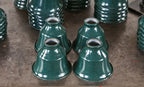 four matching original c. 1930's american antique industrial "new old stock" diminutive pressed steel pendant or task light reflectors with baked green enameled finish