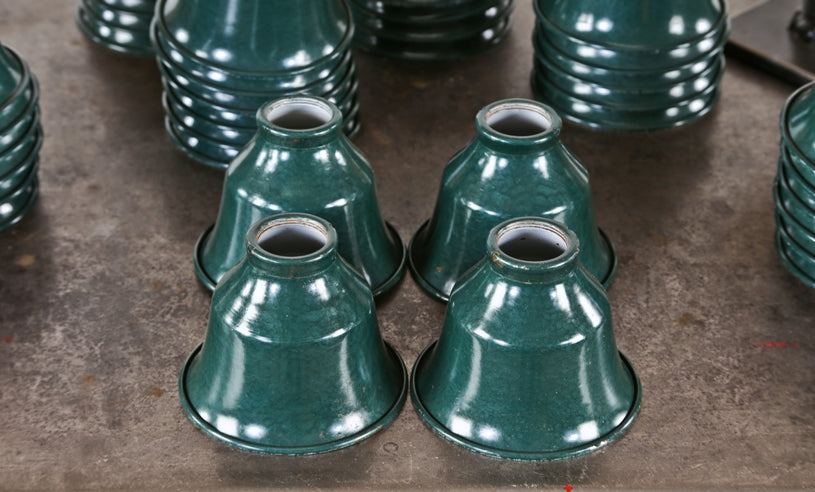 four matching original c. 1930's american antique industrial "new old stock" diminutive pressed steel pendant or task light reflectors with baked green enameled finish