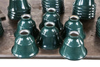 matched set of six "new old stock" antique american industrial diminutive "hubbell" green baked enamel pressed and folded steel shades