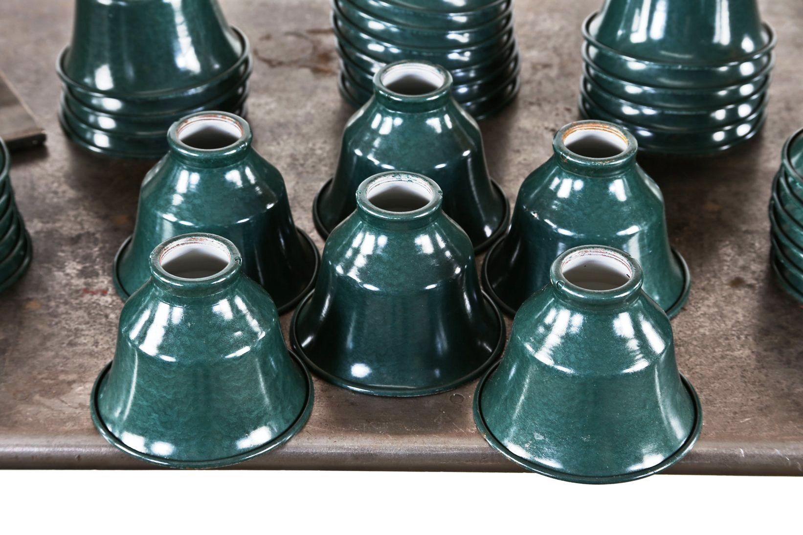 matched set of six "new old stock" antique american industrial diminutive "hubbell" green baked enamel pressed and folded steel shades