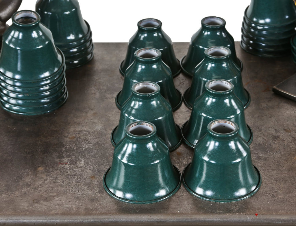 lot of eight matching c. 1930's american depression era "new old stock" pressed and folded green enameled steel light fixture reflectors or shades