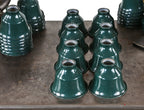 lot of eight matching c. 1930's american depression era "new old stock" pressed and folded green enameled steel light fixture reflectors or shades