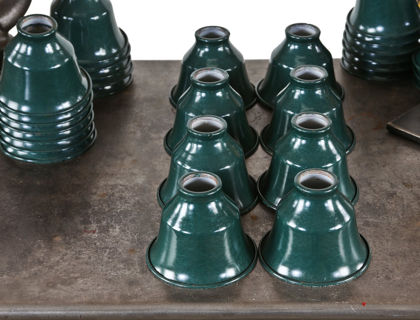 lot of eight matching c. 1930's american depression era "new old stock" pressed and folded green enameled steel light fixture reflectors or shades