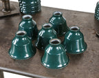 six matching c. 1930's american antique industrial "new old stock"  baked green enameled pressed and folded steel factory workbench task light "hubbell" reflectors
