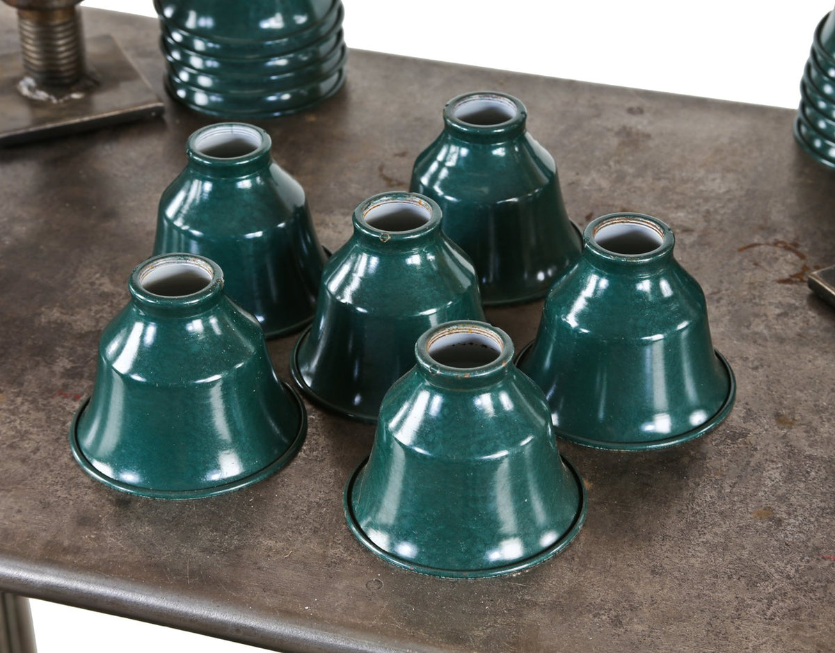 six matching c. 1930's american antique industrial "new old stock"  baked green enameled pressed and folded steel factory workbench task light "hubbell" reflectors