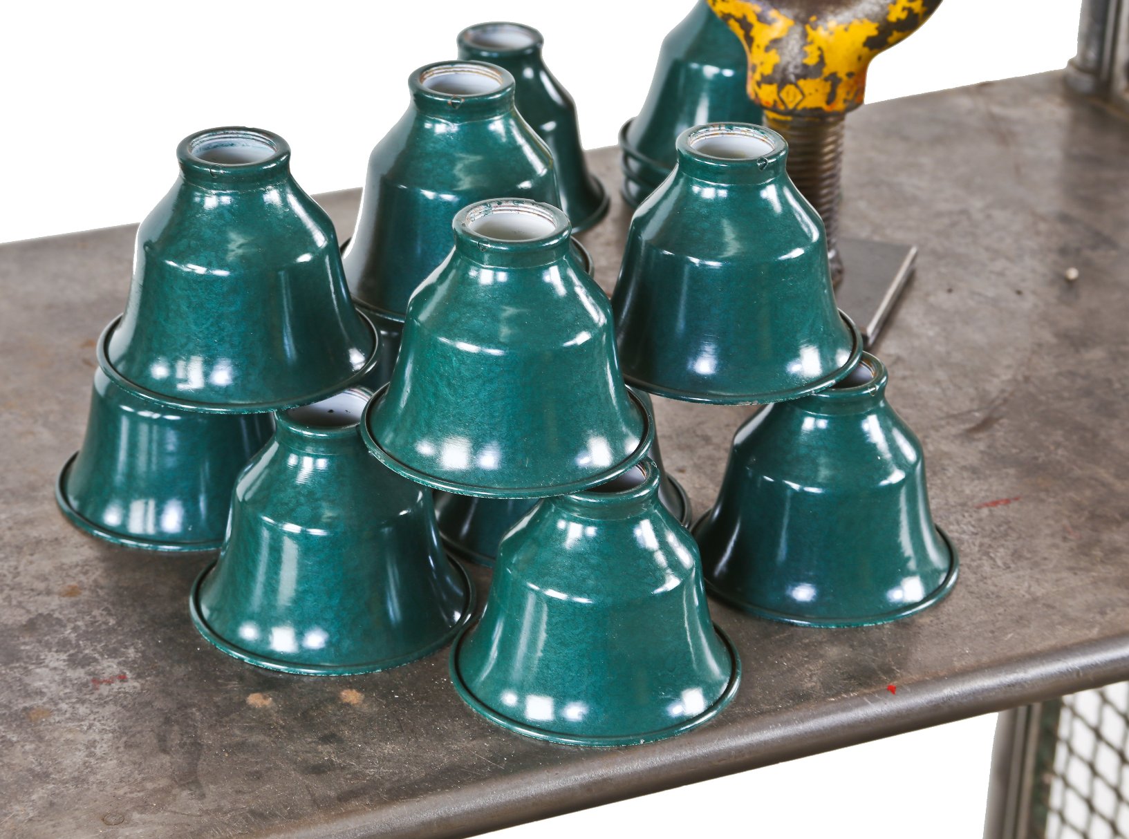 large lot of original matching american depression era antique industrial "new old stock" baked green enameled pressed steel diminutive conical reflectors