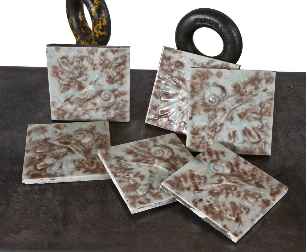 group of six matching late 19th century antique american victorian era variegated and mottled majolica glazed residential fireplace surround tiles