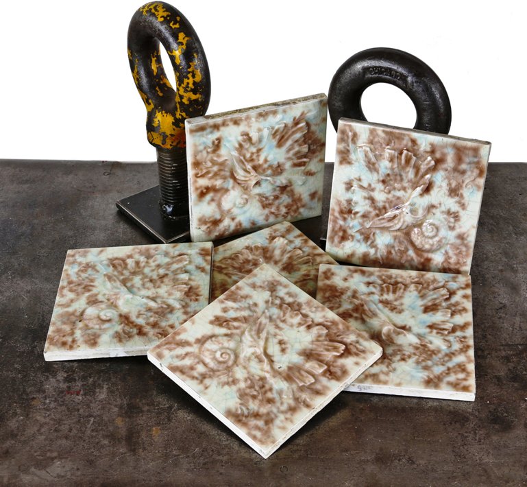 original matching 19th or early 20th century antique american victorian era mottled majolica glazed interior residential fireplace surround tiles