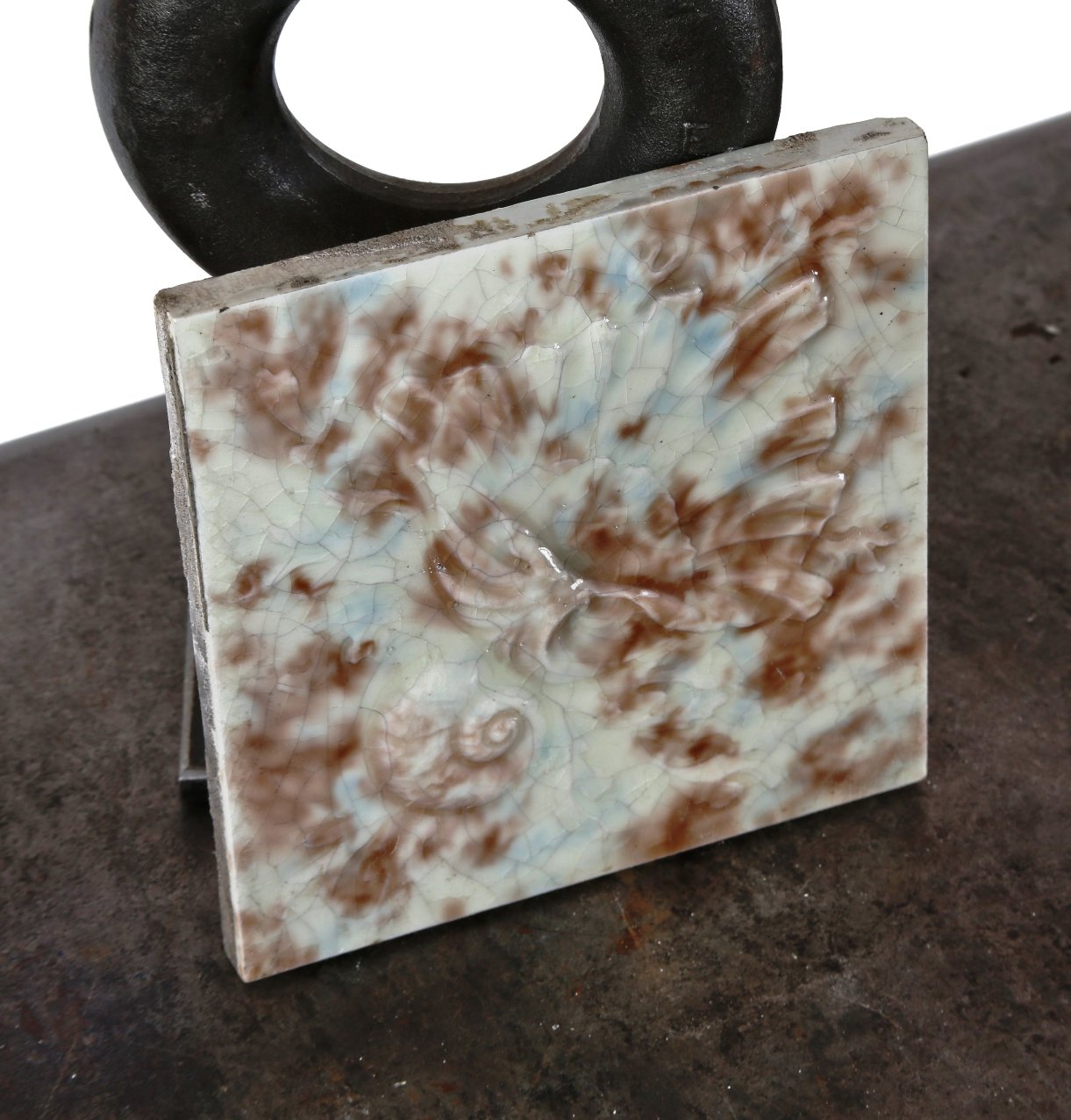 single late 19th or early 20th century american victorian era mottled majolica glazed interior residential fireplace surround tile with allover crazed finish