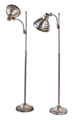 two matching refinished late 1930's american art deco machine age adjustable height weighted base floor lamps with brushed steel stepped shades