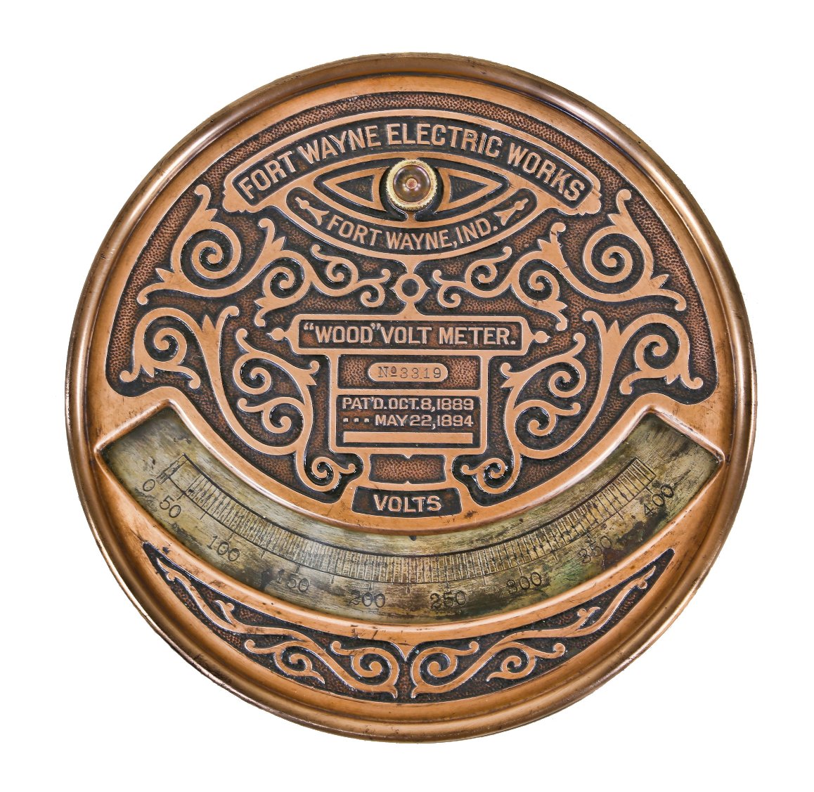 hard to find and highly desirable 19th century american industrial ornamental cast bronze flush mount electric switchboard "wood" type circular-shaped voltmeter