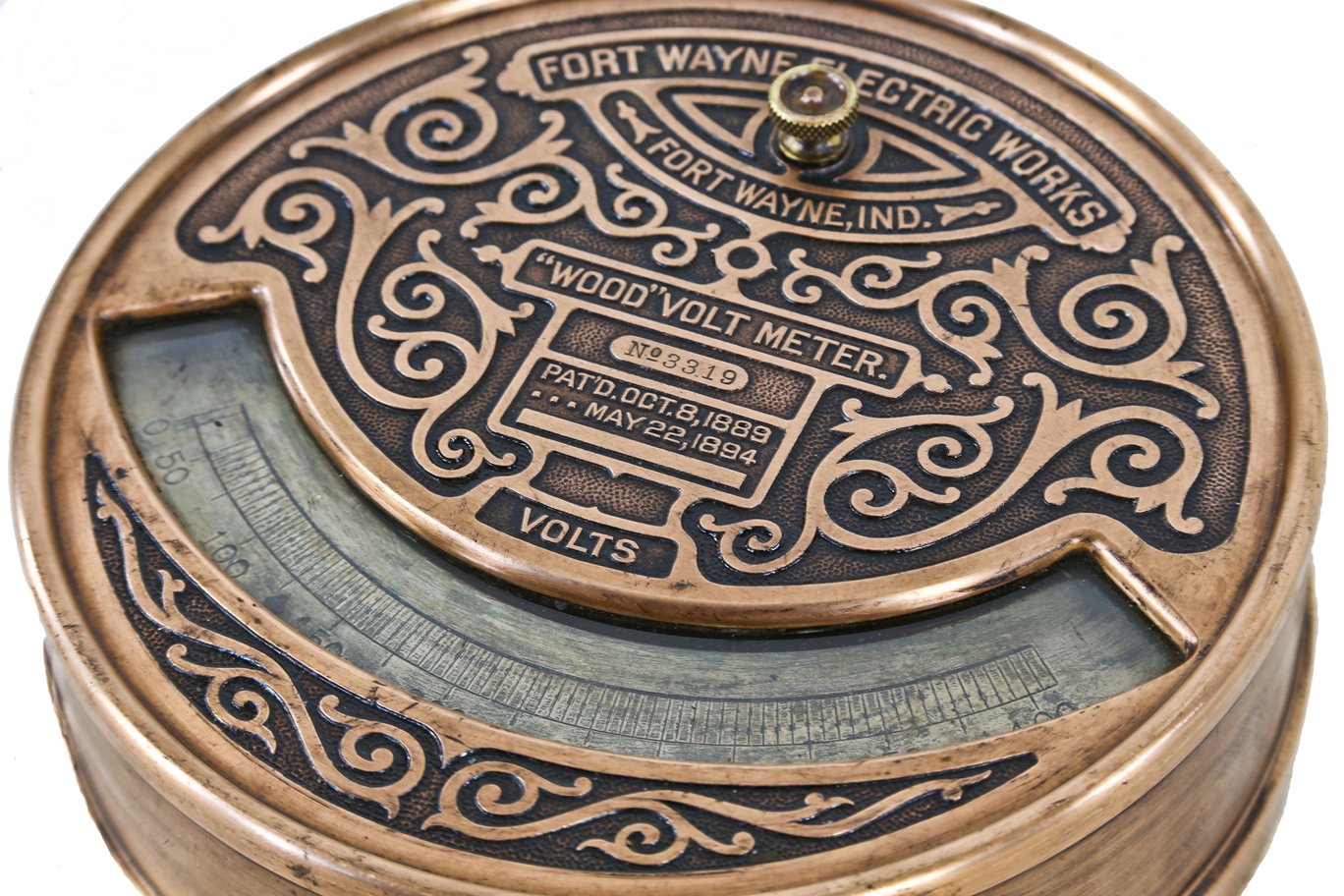 hard to find and highly desirable 19th century american industrial ornamental cast bronze flush mount electric switchboard "wood" type circular-shaped voltmeter