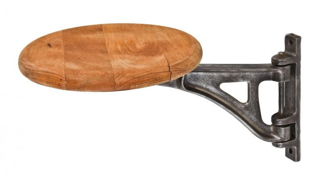 refinished c. 1920's original american made antique industrial brushed cast iron single swing-out stool bracket with intact solid maple wood circular seat