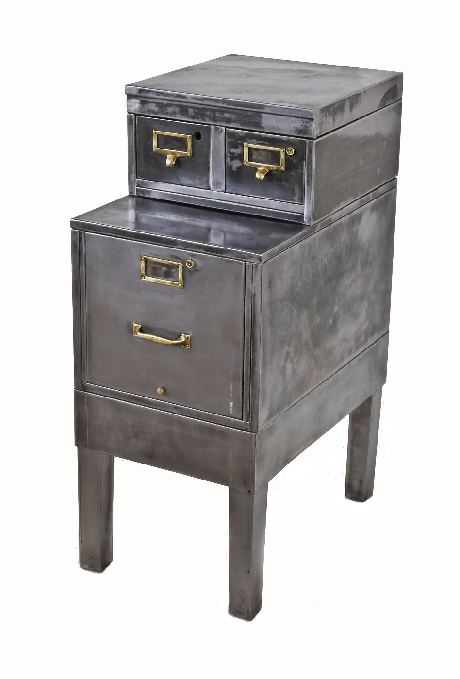 refinished c. 1930's american depression-era pressed and folded steel factory office "fireproof" filing cabinet with detachable four-legged base intact