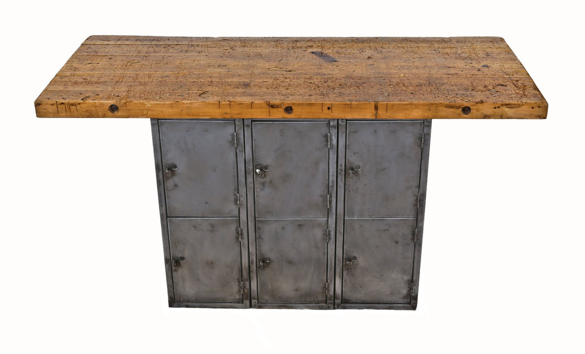 refinished c. 1940's american industrial chicago public school combination maple wood workbench with compartmentalized locker metal base