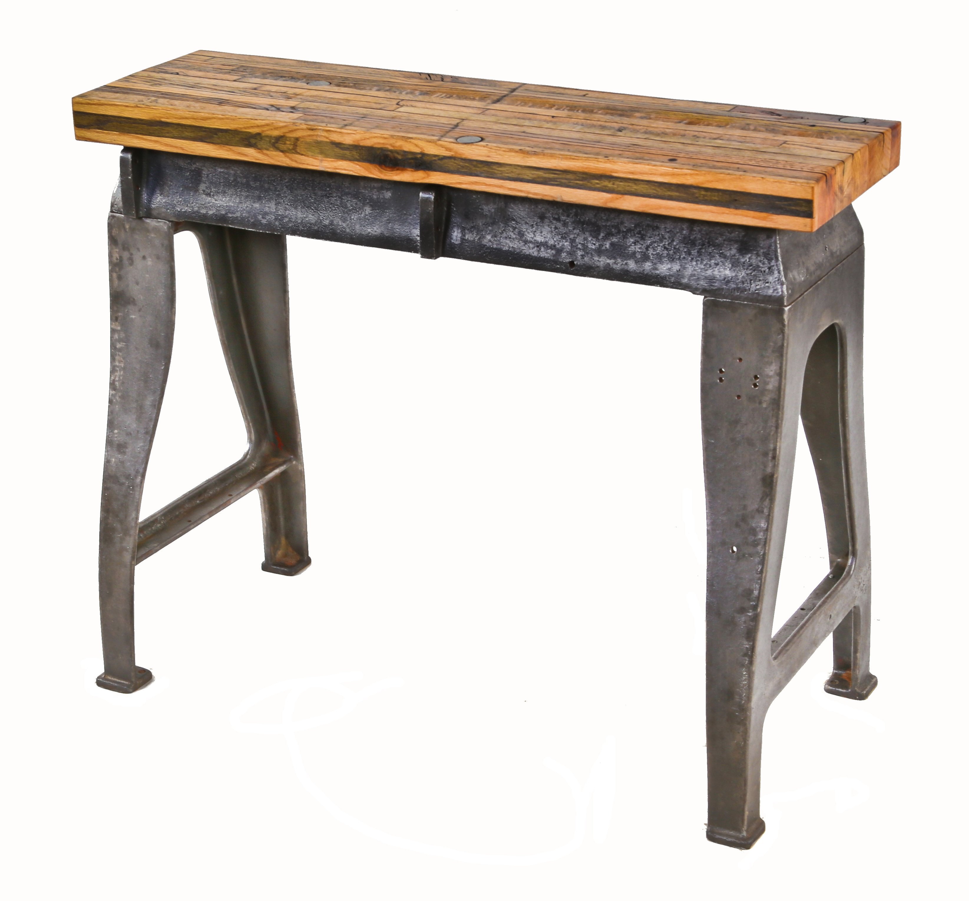 repurposed c. 1918 american antique industrial valve grinding machine base robust side table with brushed cast iron legs and railroad boxcar floor tabletop