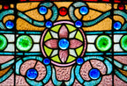 outstanding all original gargantuan c. 1880's largely intact chicago mansion arch top or "eyebrow" stained glass window with several faceted jewels and large rondels