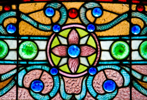 outstanding all original gargantuan c. 1880's largely intact chicago mansion arch top or "eyebrow" stained glass window with several faceted jewels and large rondels