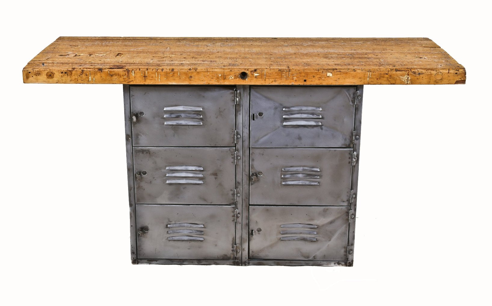 original c.1940's american vintage industrial oversized public school workshop bench or table with a pressed and folded compartmentalized steel locker unit base