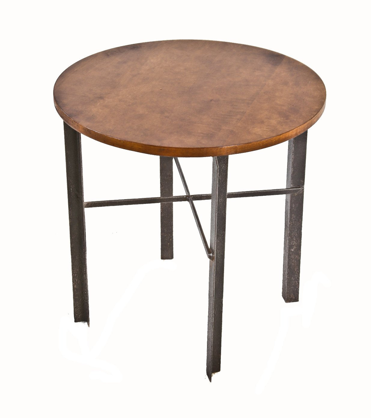 single vintage american industrial four-legged heavy gauge angled steel low-lying stationary side or occasional table with newly added solid maple wood circular top