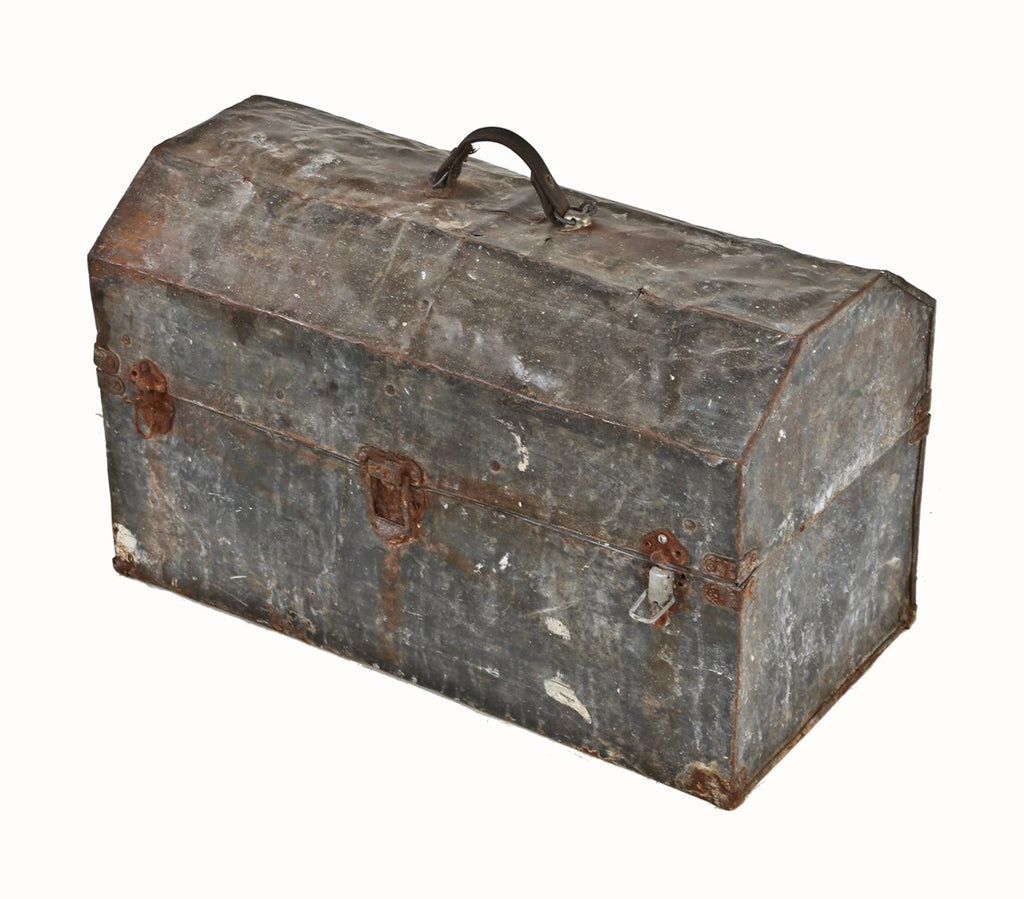 shopworn c. 1930's american industrial cook county hospital powerhouse engineer personalized folded and pressed galvanized steel tool chest with leather handle