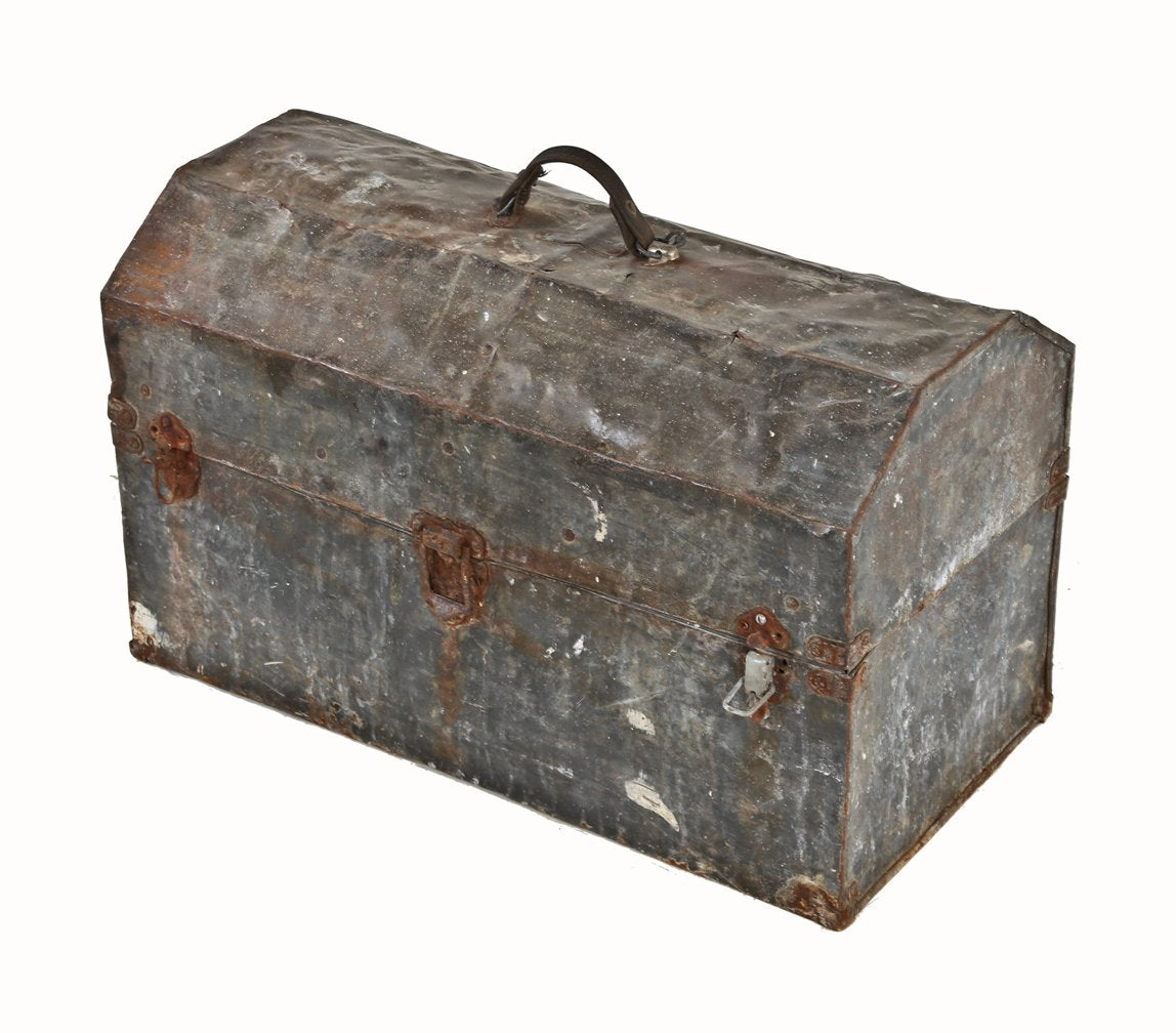 shopworn c. 1930's american industrial cook county hospital powerhouse engineer personalized folded and pressed galvanized steel tool chest with leather handle