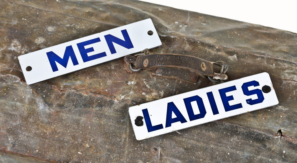 matching set of c. 1950's original single-sided american industrial factory lavatory door "men" & "ladies" porcelain enameled die cut steel signs with cobalt blue lettering