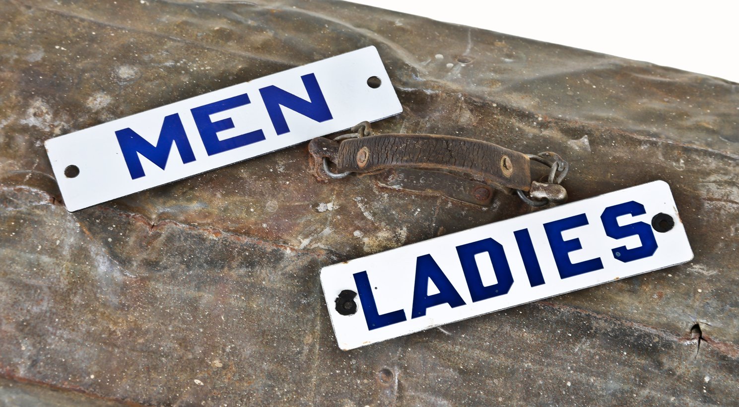 matching set of c. 1950's original single-sided american industrial factory lavatory door "men" & "ladies" porcelain enameled die cut steel signs with cobalt blue lettering