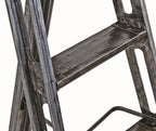 exceptional c. 1930's american industrial refinished brushed and sanded riveted joint collapsible heavy gauge steel ladder with multiple reinforced rungs