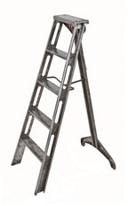 exceptional c. 1930's american industrial refinished brushed and sanded riveted joint collapsible heavy gauge steel ladder with multiple reinforced rungs