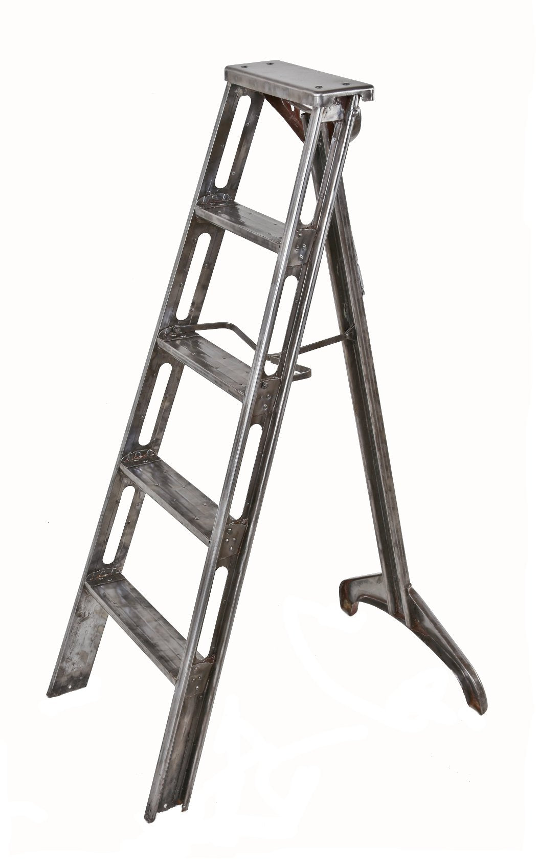 exceptional c. 1930's american industrial refinished brushed and sanded riveted joint collapsible heavy gauge steel ladder with multiple reinforced rungs