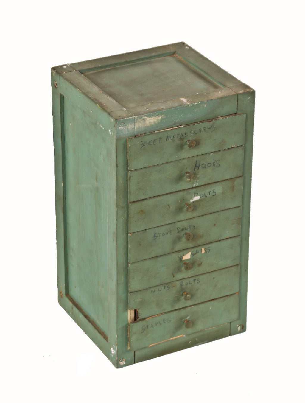 original c. 1940's american industrial diminutive multi-drawer "small parts" engineering department workbench cabinet with original green paint finish