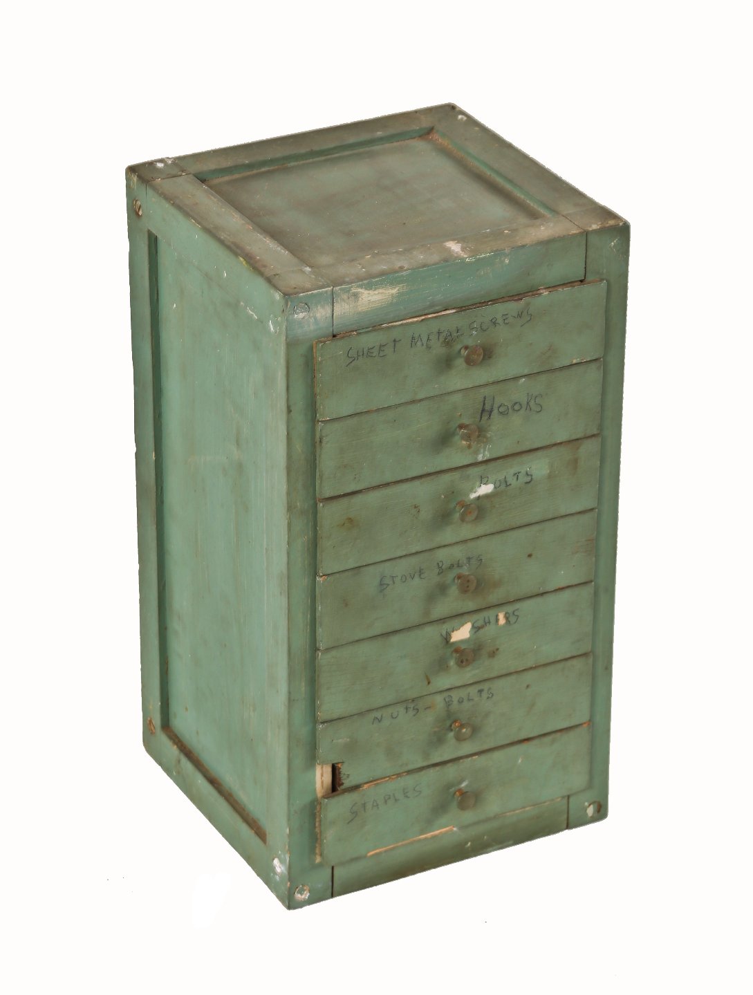 original c. 1940's american industrial diminutive multi-drawer "small parts" engineering department workbench cabinet with original green paint finish