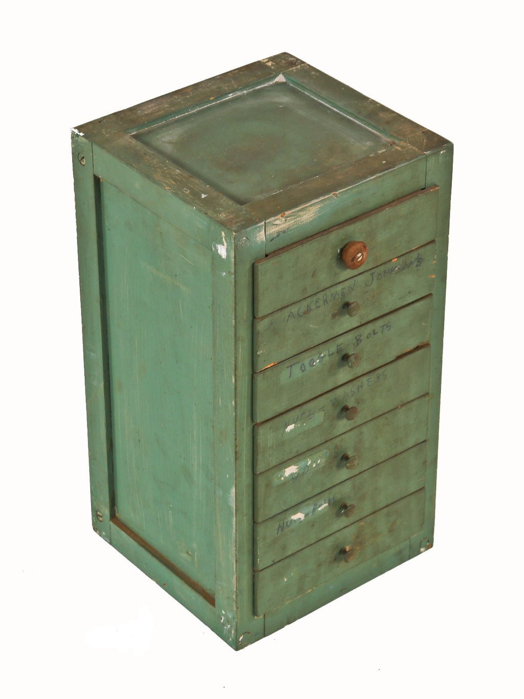 vintage american industrial portable 7-drawer compartmentalized painted green pine wood workbench diminutive custom-built freestanding cabinet