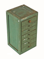vintage american industrial portable 7-drawer compartmentalized painted green pine wood workbench diminutive custom-built freestanding cabinet