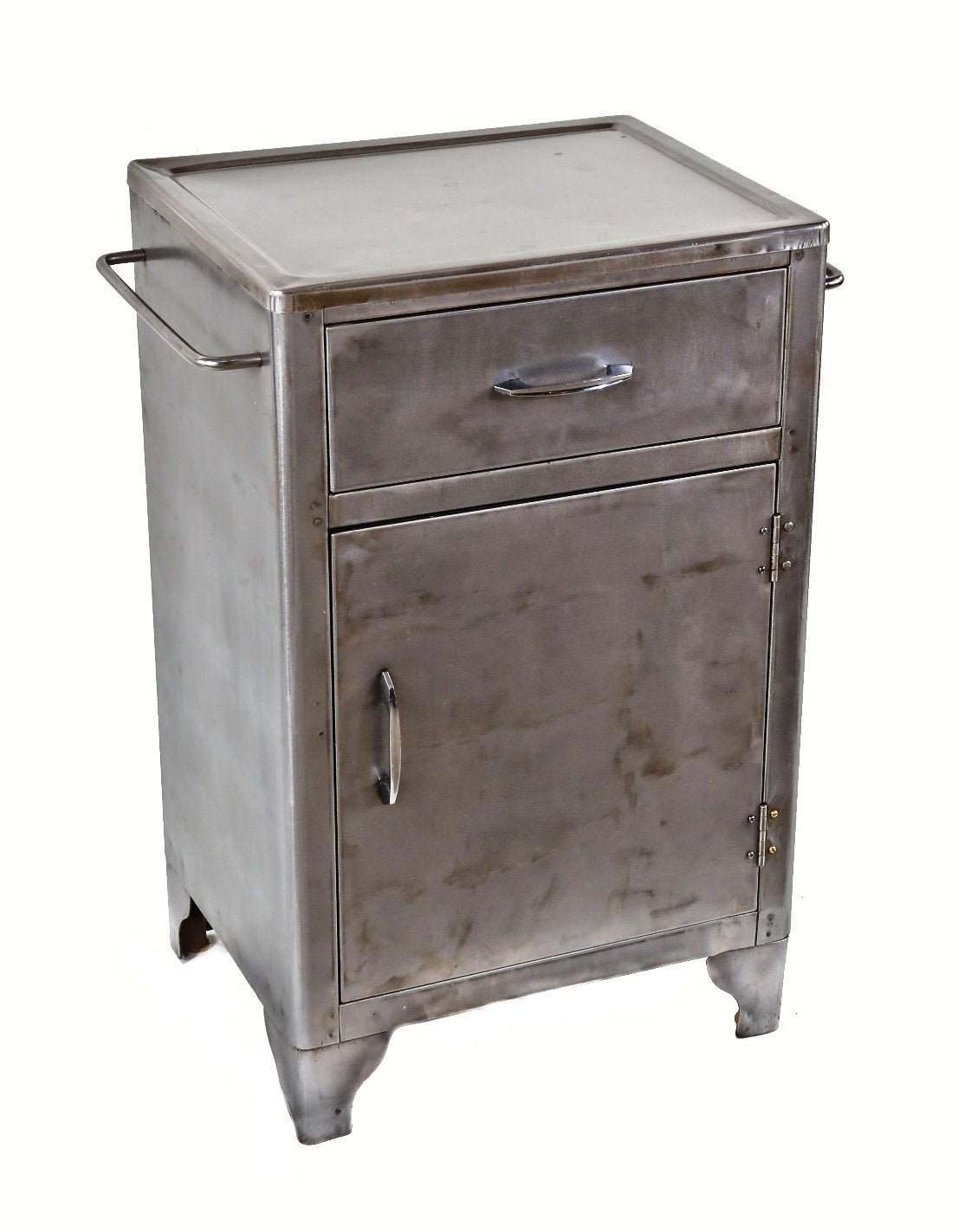 completely refinished late 1930's original american medical hospital room pressed and folded steel stationary supply cabinet or workstation